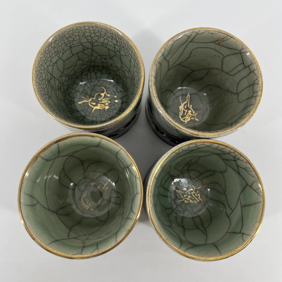 Vtg 4 Green Brown Somayaki Japan Double Wall Crackle Glazed Heart Tea Cups 200ml - Picture 8 of 16